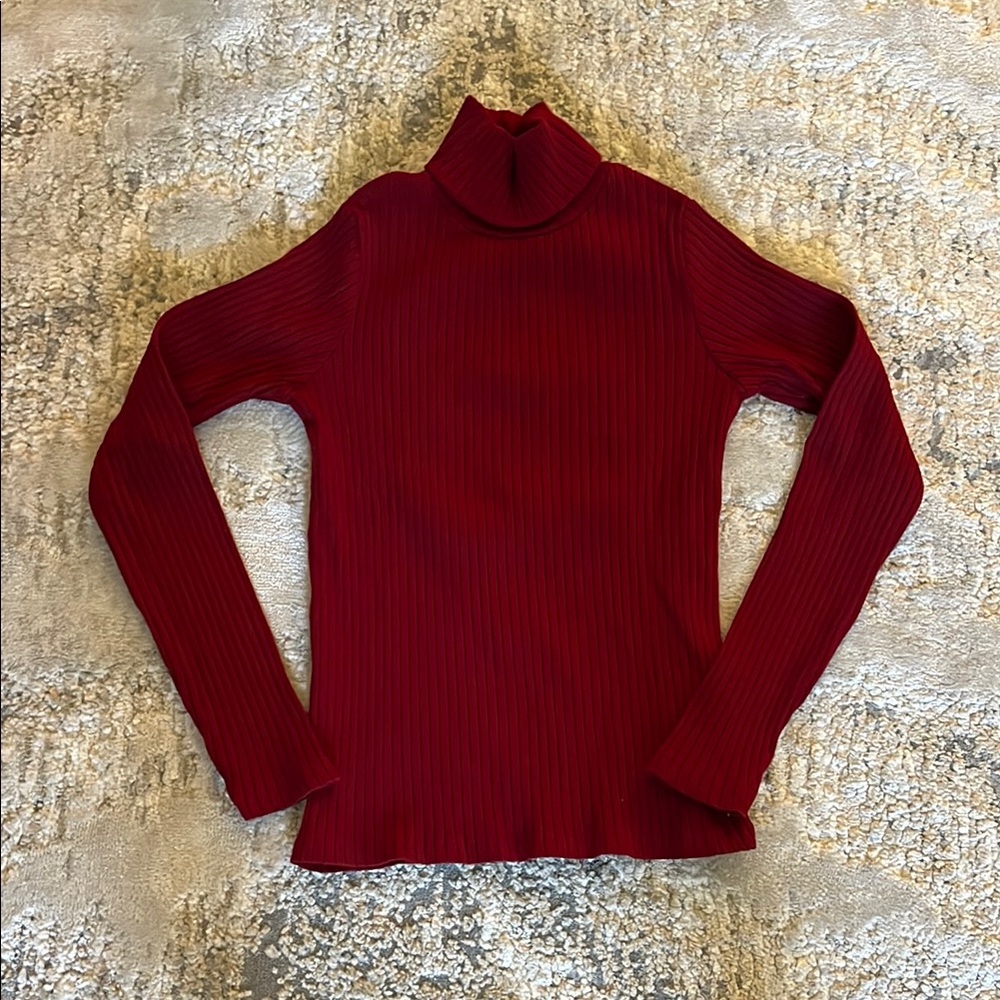ZARA Burgundy Ribbed Turtleneck Cotton Top